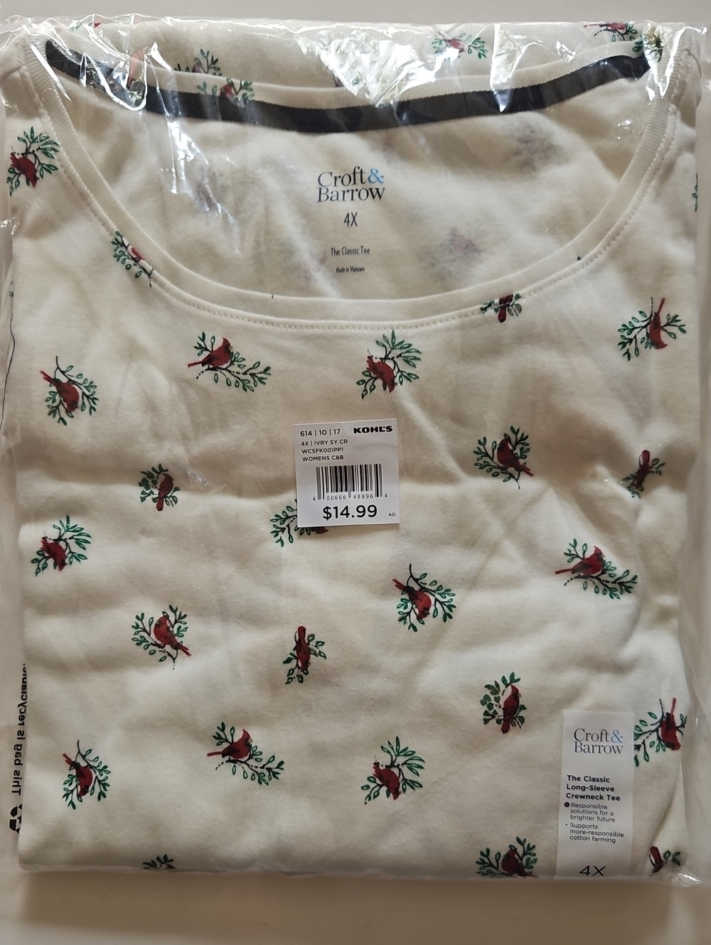 Plus Size Croft & Barrow Essential Crewneck Long Sleeve Tee, Ivory Cardinal, 4X